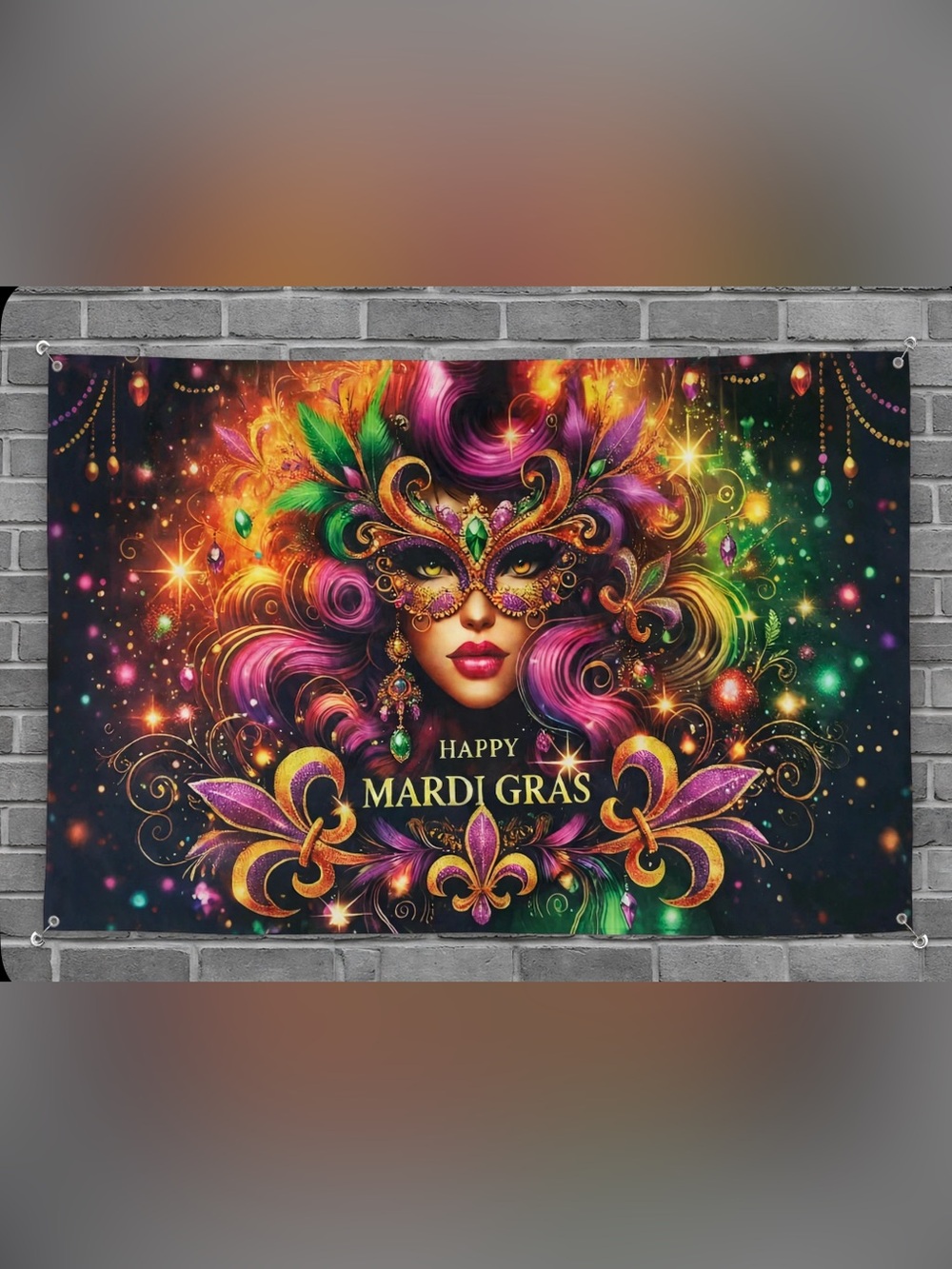 HAPPY MARDI GRAS Banner/ Flag Large 62”x 47” Vibrant